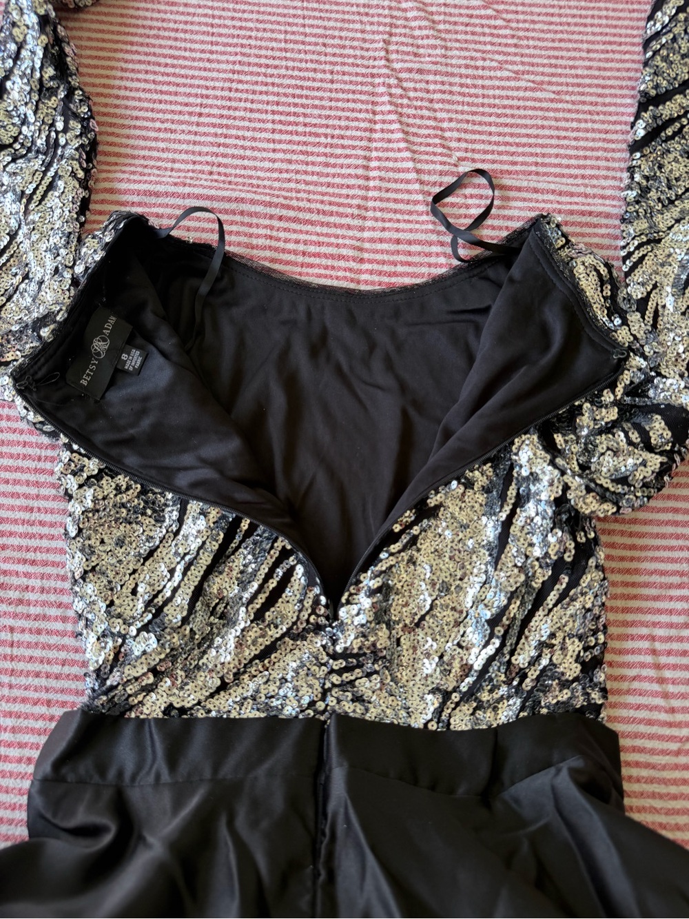 Betsy & Adam Sequin Long Sleeve A Line Ball Gown 8 Black Silver Formal Dress - Picture 5 of 11